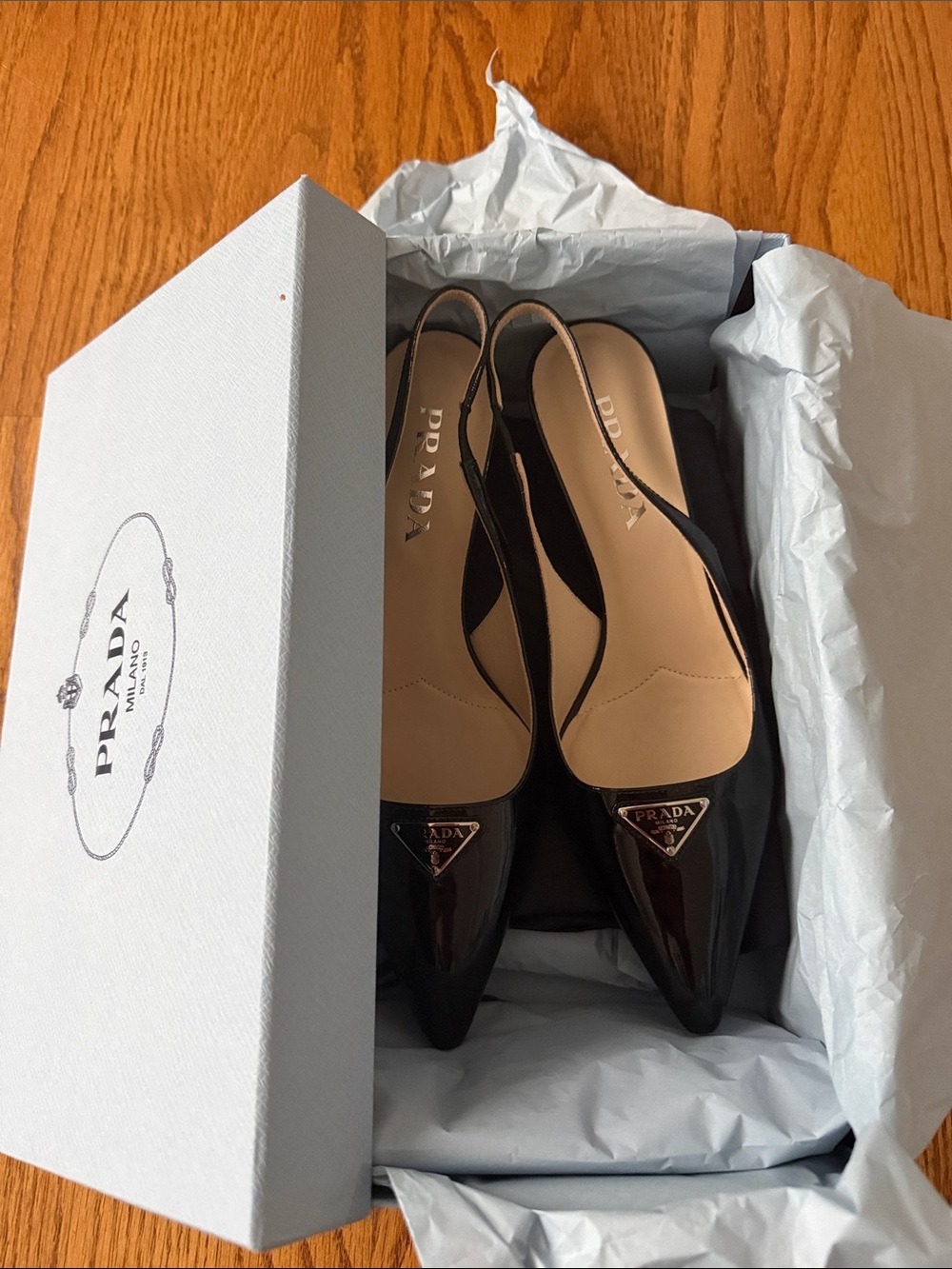 Prada Black Patent Leather Pointed Slingback Flats with Triangle Logo